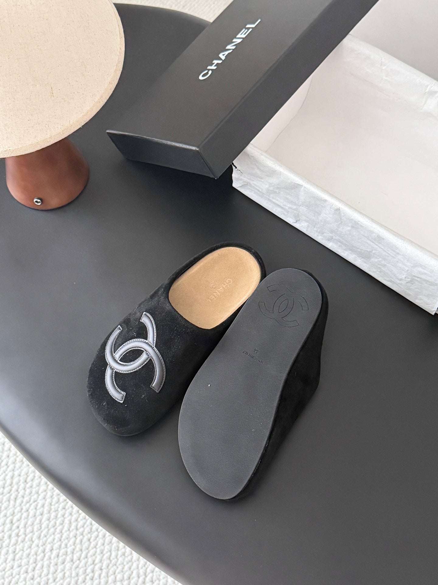 CHANEL 26S MULES IN BLACK SUEDE ROUND TOE