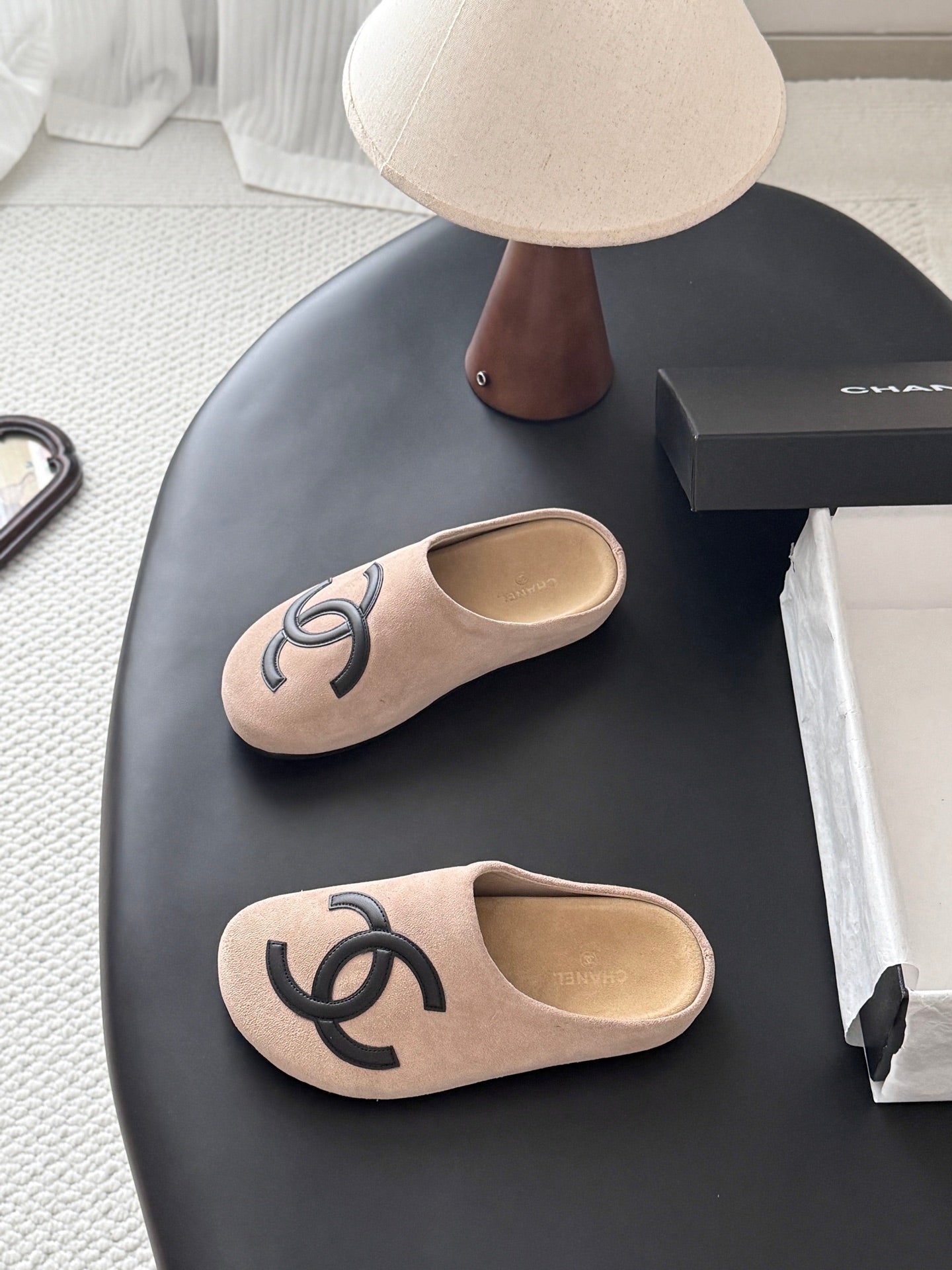 CHANEL 26S MULES IN BEIGE SUEDE ROUND TOE
