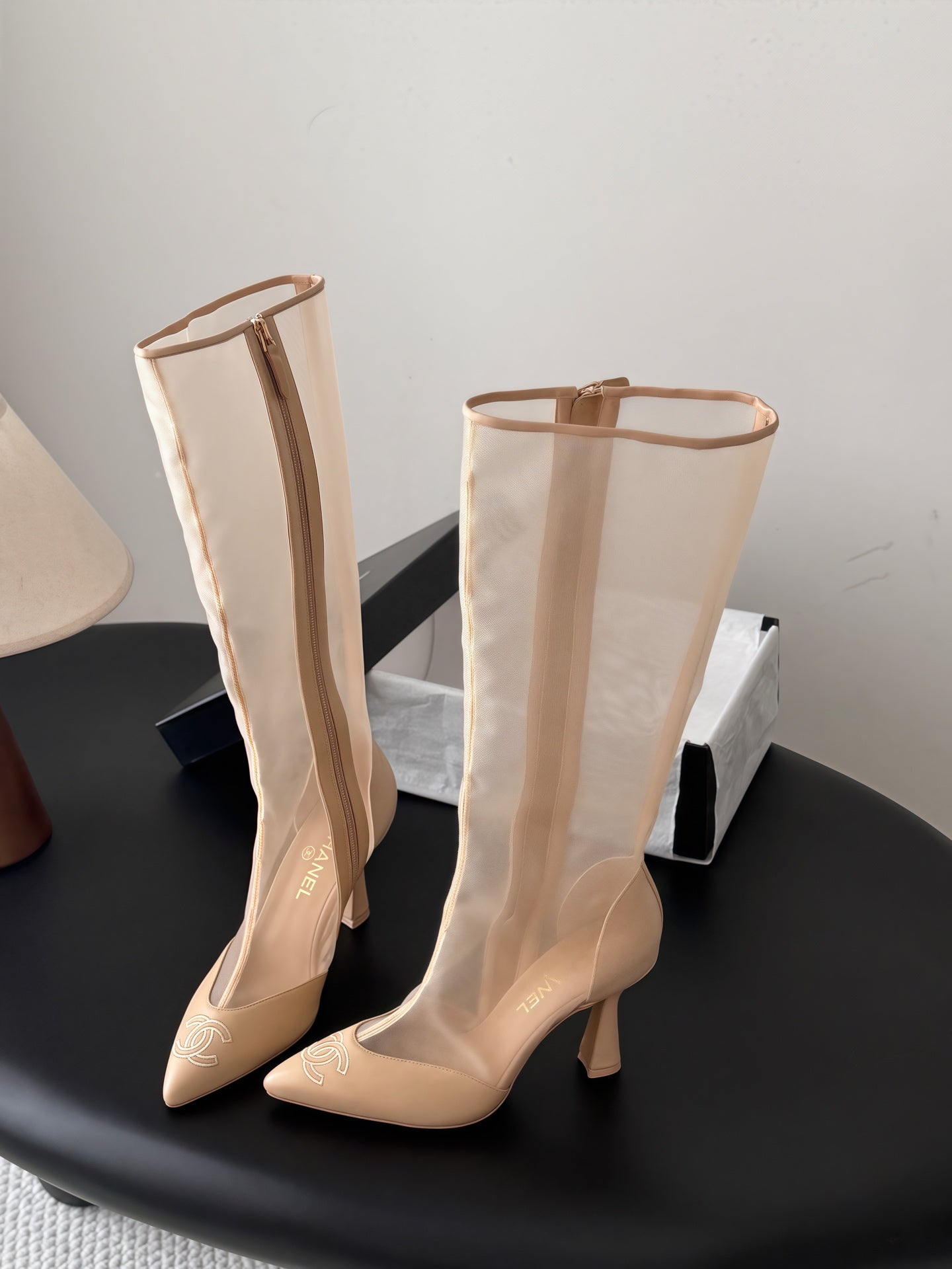 CHANEL 26S THIGH HIGH BOOTS IN BEIGE MESH