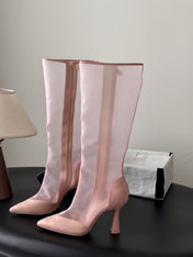 CHANEL 26S THIGH HIGH BOOTS IN LIGHT PINK MESH