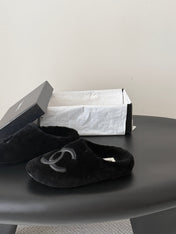 CHANEL 26S MULES IN BLACK SHEARLING LINING ROUND TOE