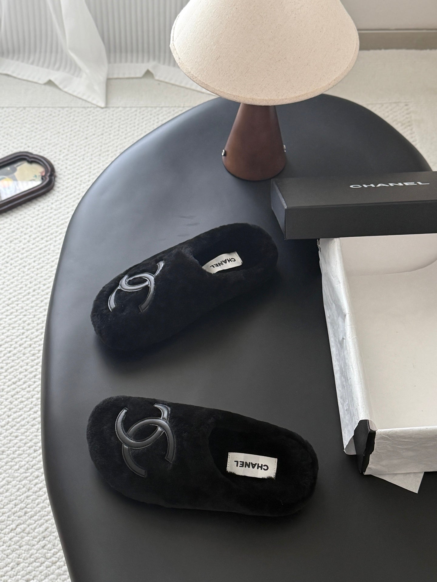CHANEL 26S MULES IN BLACK SHEARLING LINING ROUND TOE