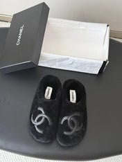 CHANEL 26S MULES IN BLACK SHEARLING LINING ROUND TOE