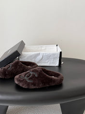 CHANEL 26S MULES IN DARK BROWN SHEARLING LINING ROUND TOE