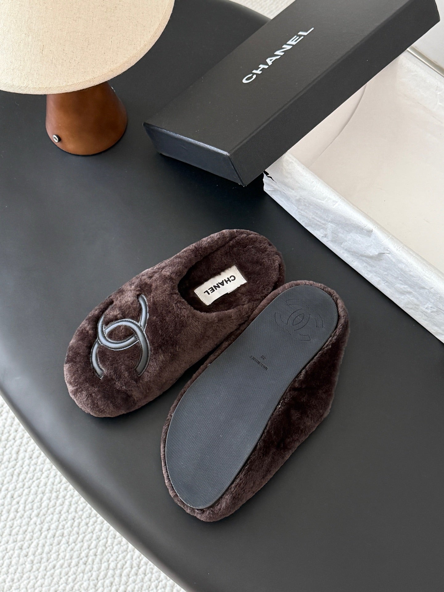 CHANEL 26S MULES IN DARK BROWN SHEARLING LINING ROUND TOE