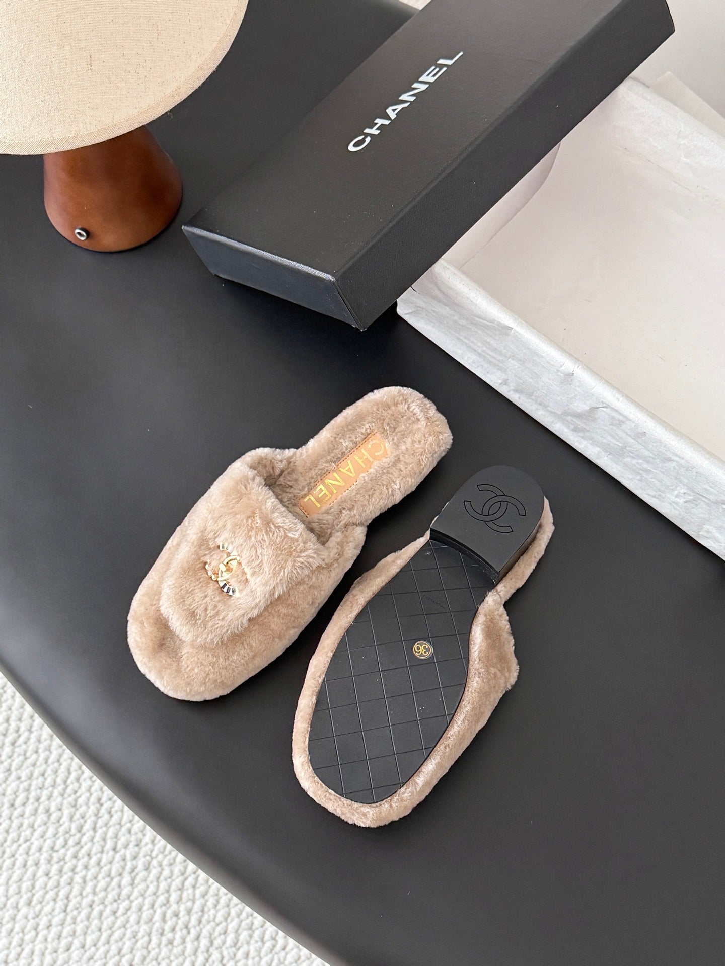 CHANEL 26S MULES IN BEIGE SHEARLING LINING