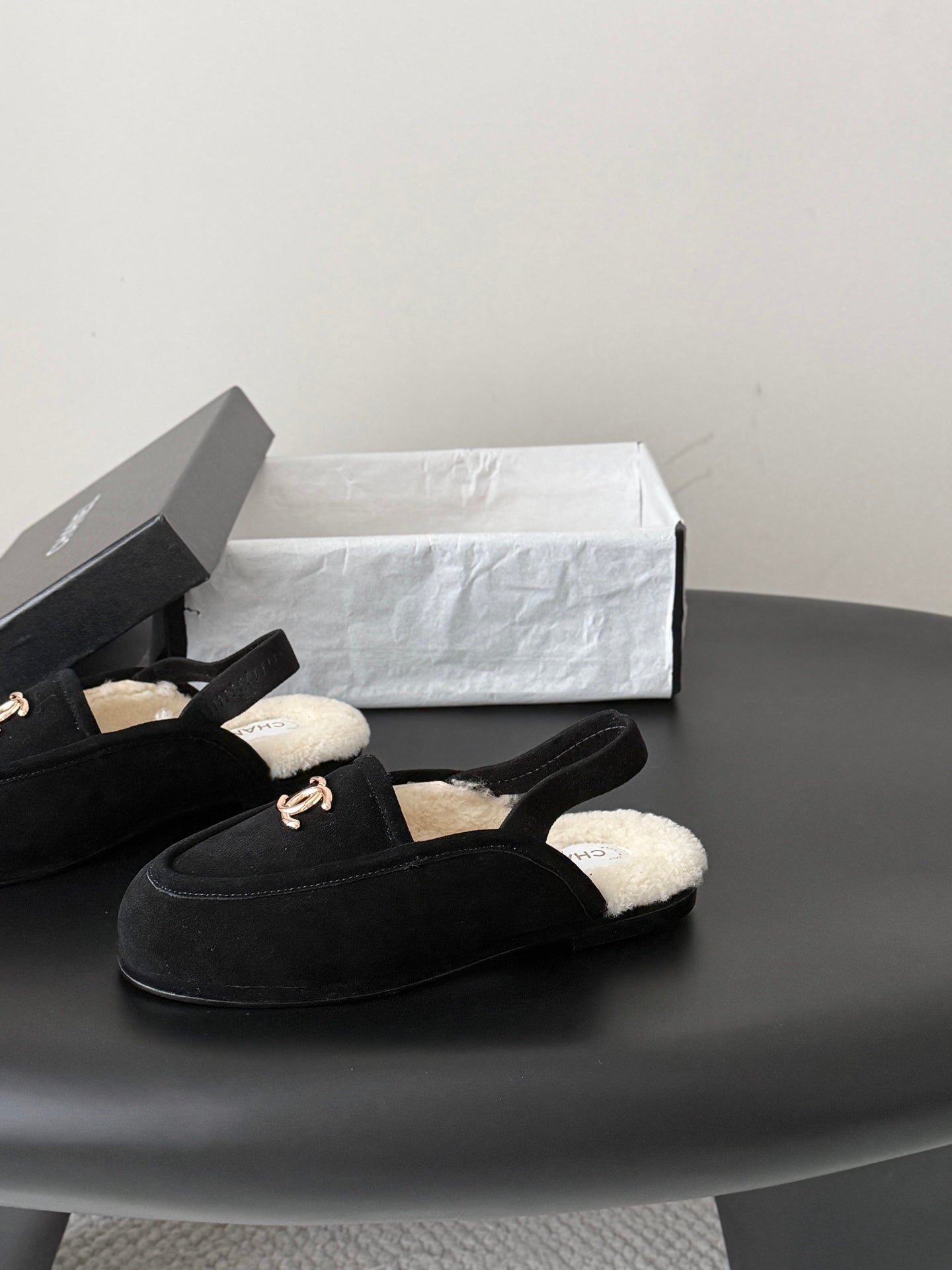 CHANEL 26S SLINGBACK LOAFERS IN BLACK SUEDE AND SHEARLING LINING
