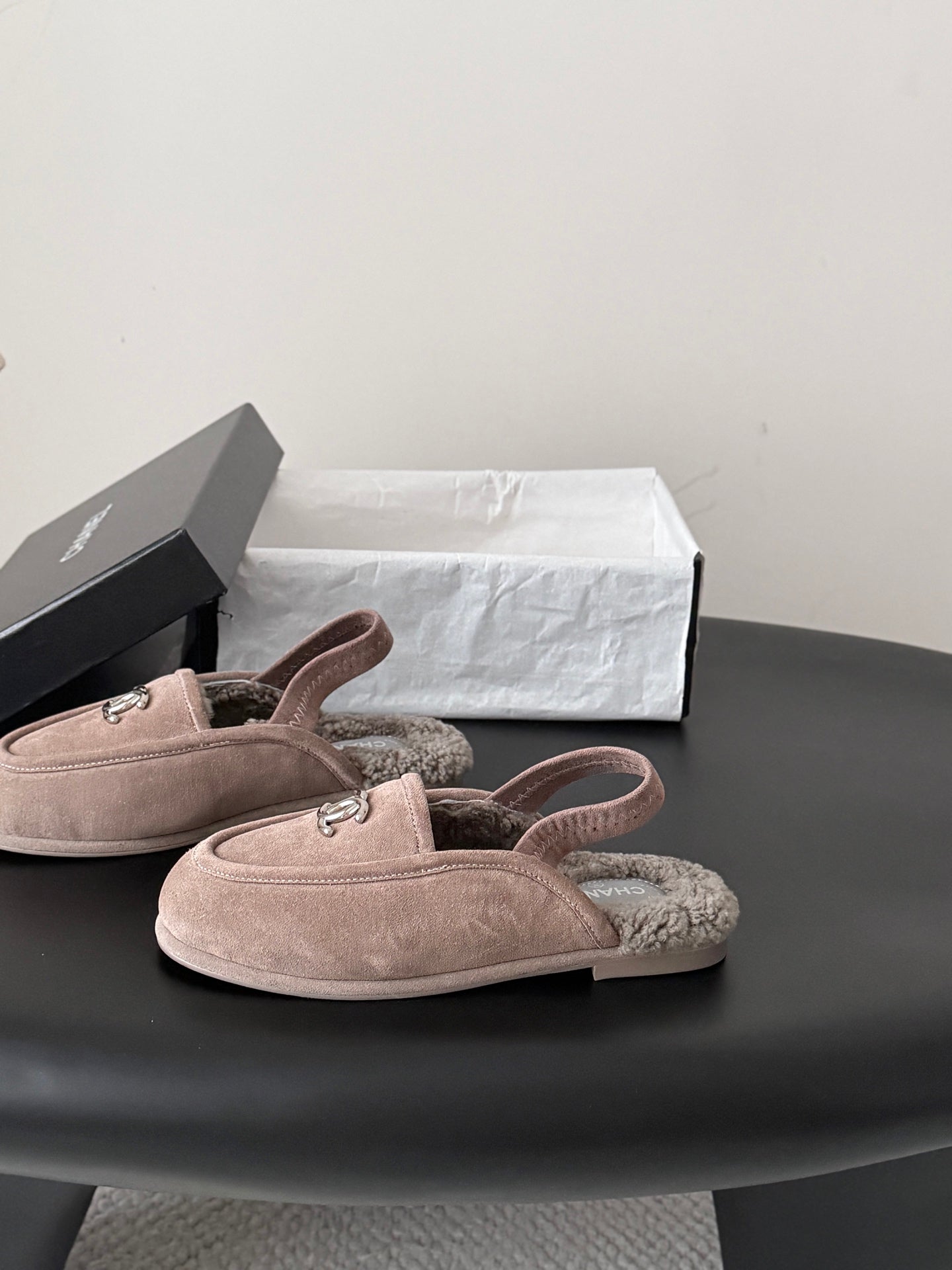 CHANEL 26S SLINGBACK LOAFERS IN GREY SUEDE AND SHEARLING LINING