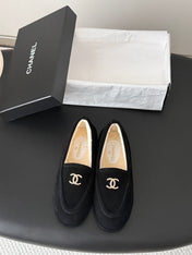 CHANEL 26S LOAFERS IN BLACK SUEDE AND SHEARLING LINING
