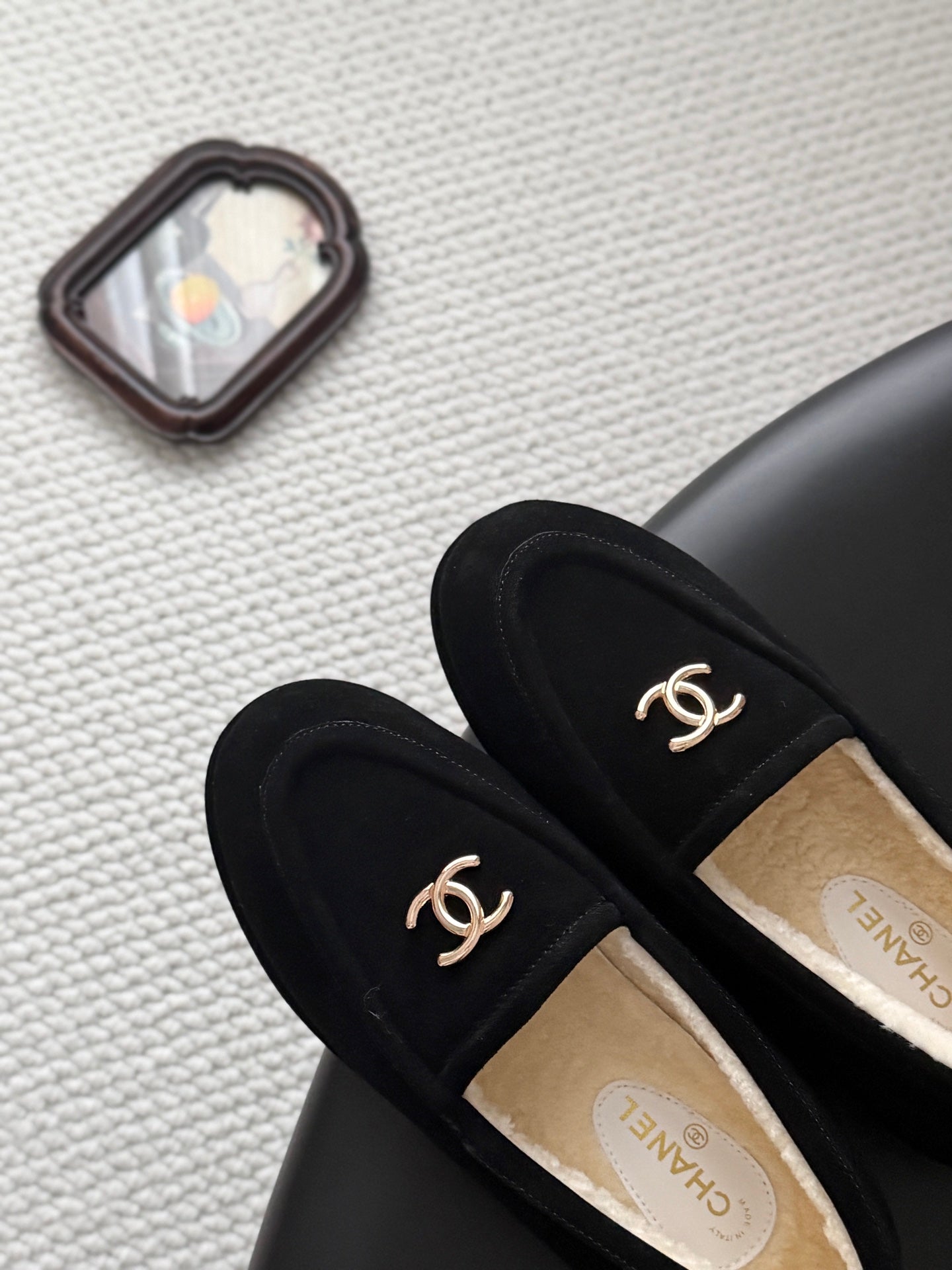 CHANEL 26S LOAFERS IN BLACK SUEDE AND SHEARLING LINING