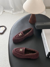 CHANEL 26S LOAFERS IN BURGUNDY SUEDE AND SHEARLING LINING