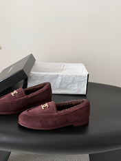 CHANEL 26S LOAFERS IN BURGUNDY SUEDE AND SHEARLING LINING