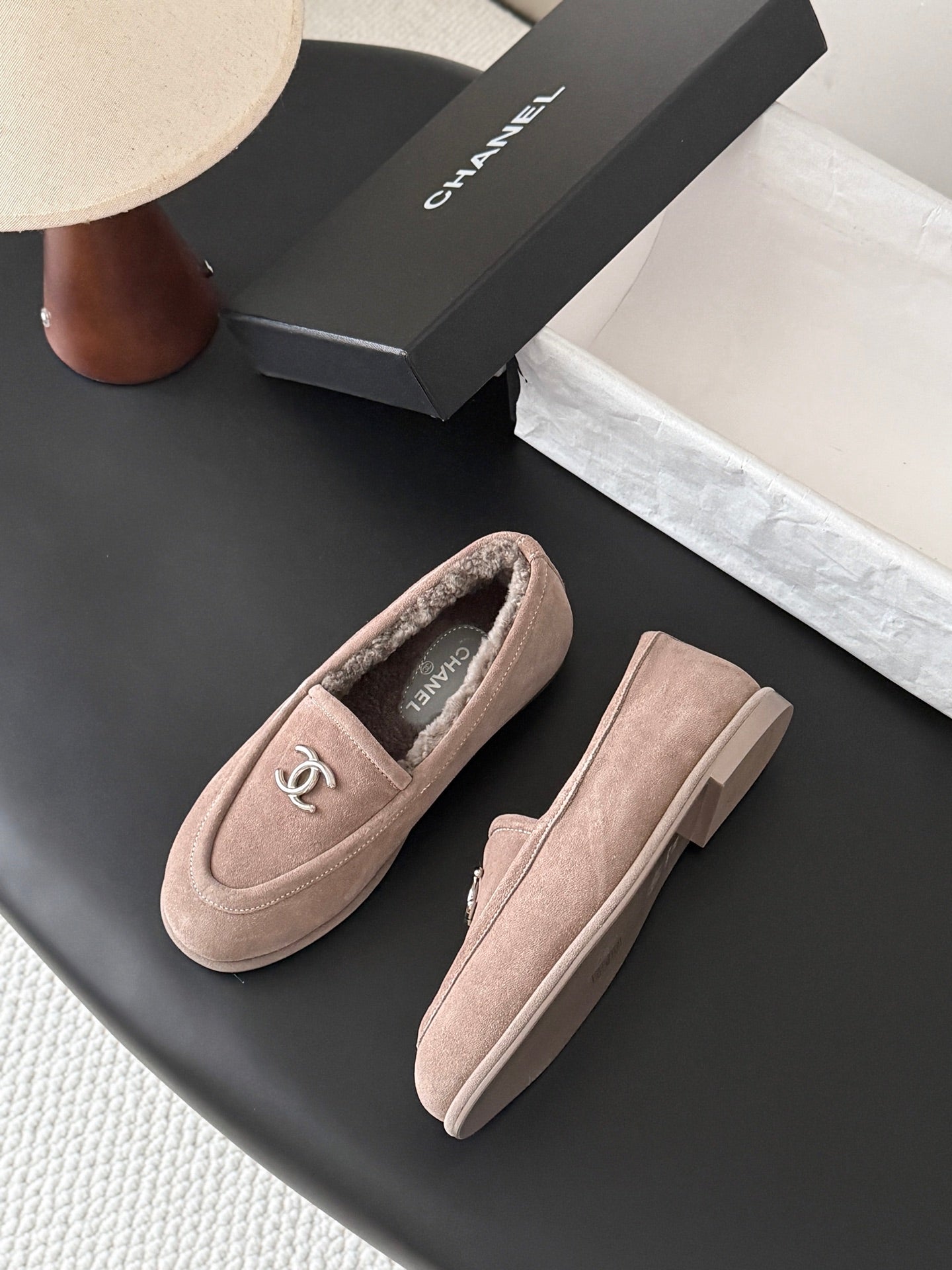 CHANEL 26S LOAFERS IN GREY SUEDE AND SHEARLING LINING