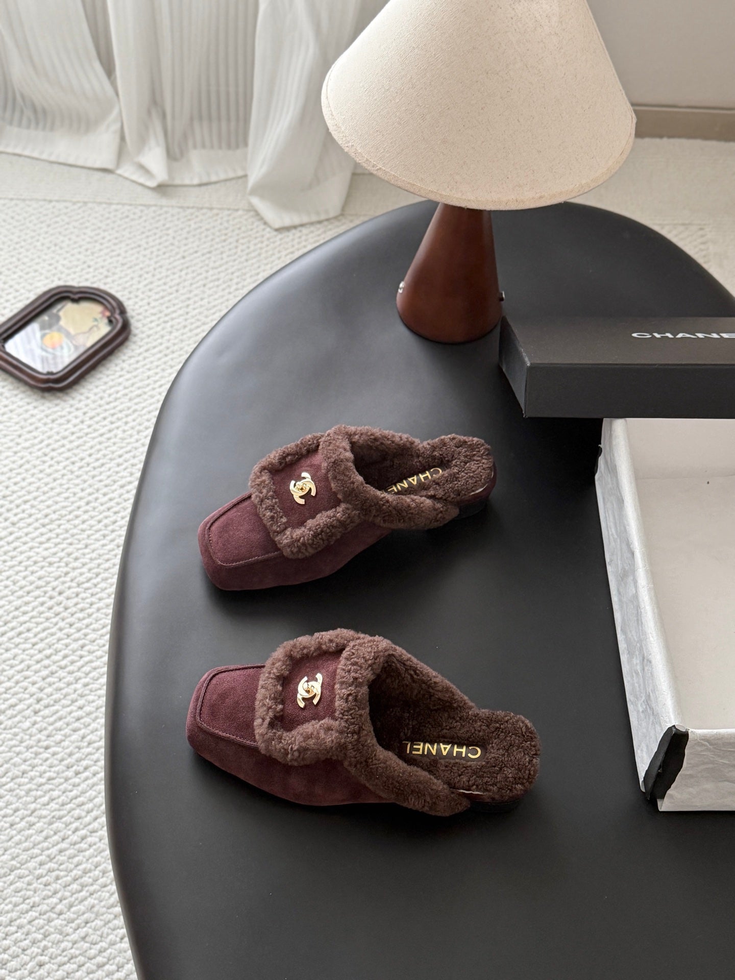 CHANEL 26S MULES IN BURGUNDY SHEARLING AND SUEDE