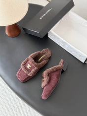 CHANEL 26S MULES IN BURGUNDY SHEARLING AND SUEDE