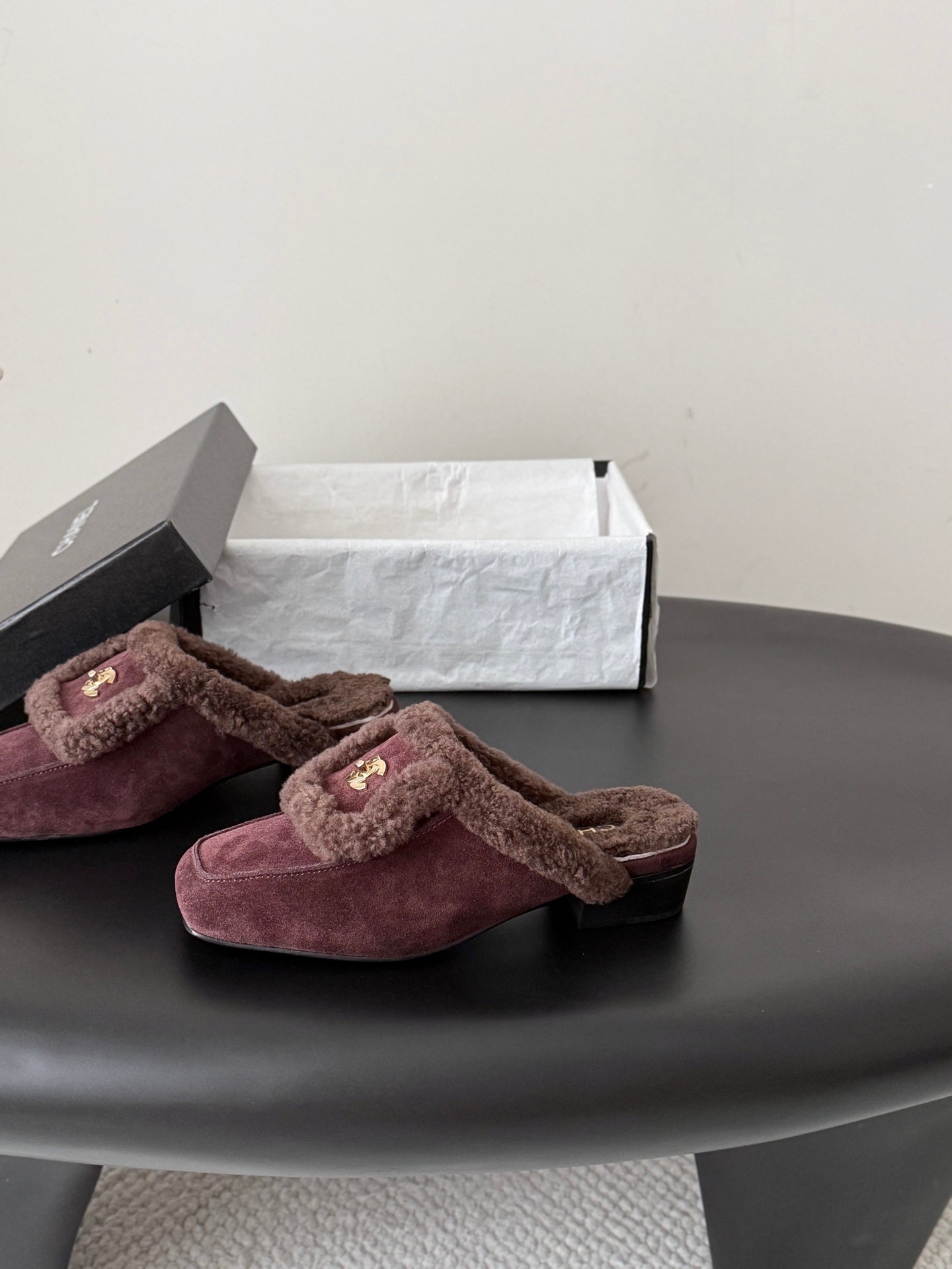 CHANEL 26S MULES IN BURGUNDY SHEARLING AND SUEDE