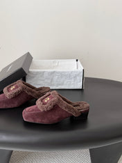 CHANEL 26S MULES IN BURGUNDY SHEARLING AND SUEDE