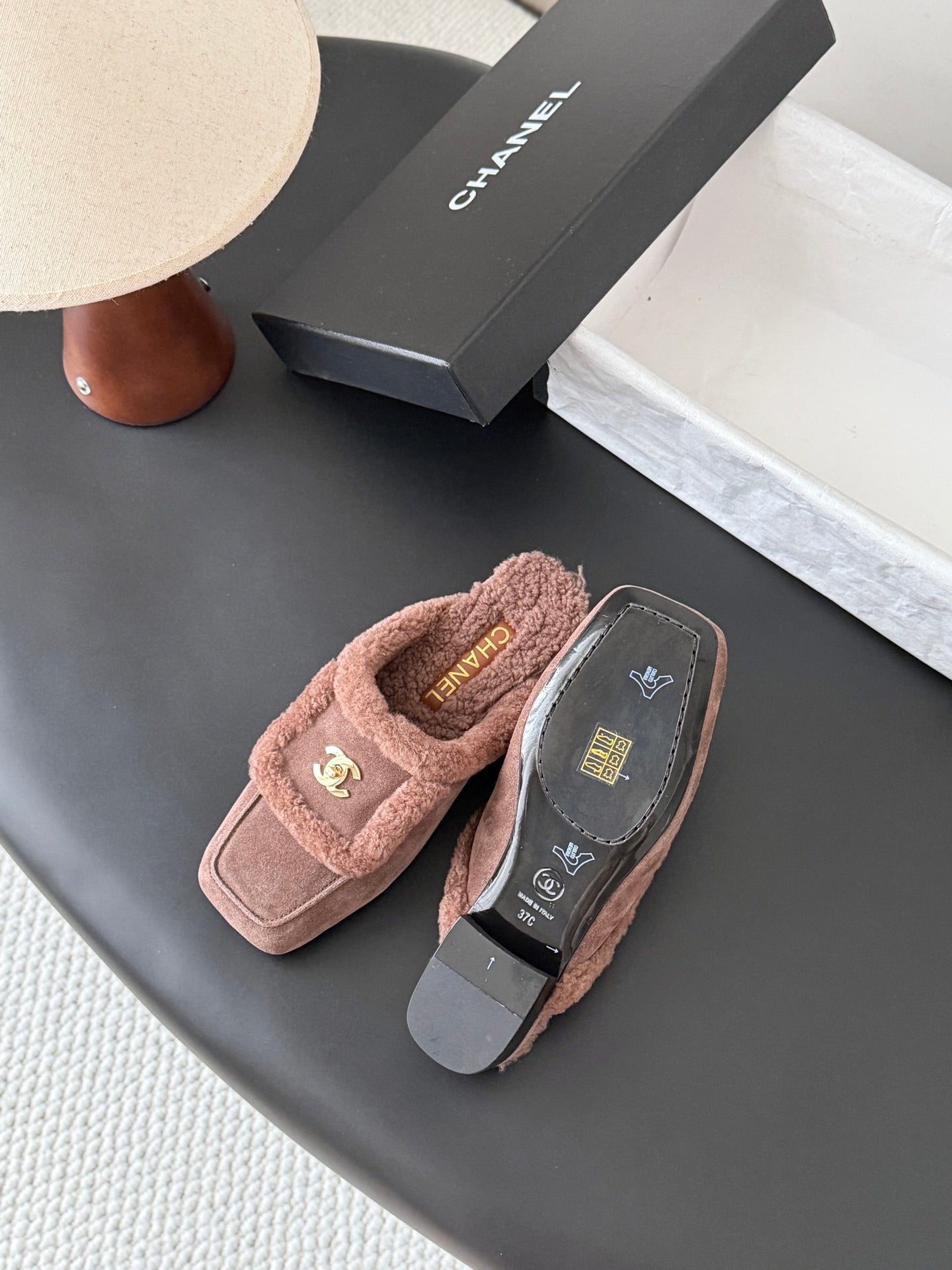 CHANEL 26S MULES IN TAUPE SHEARLING AND SUEDE