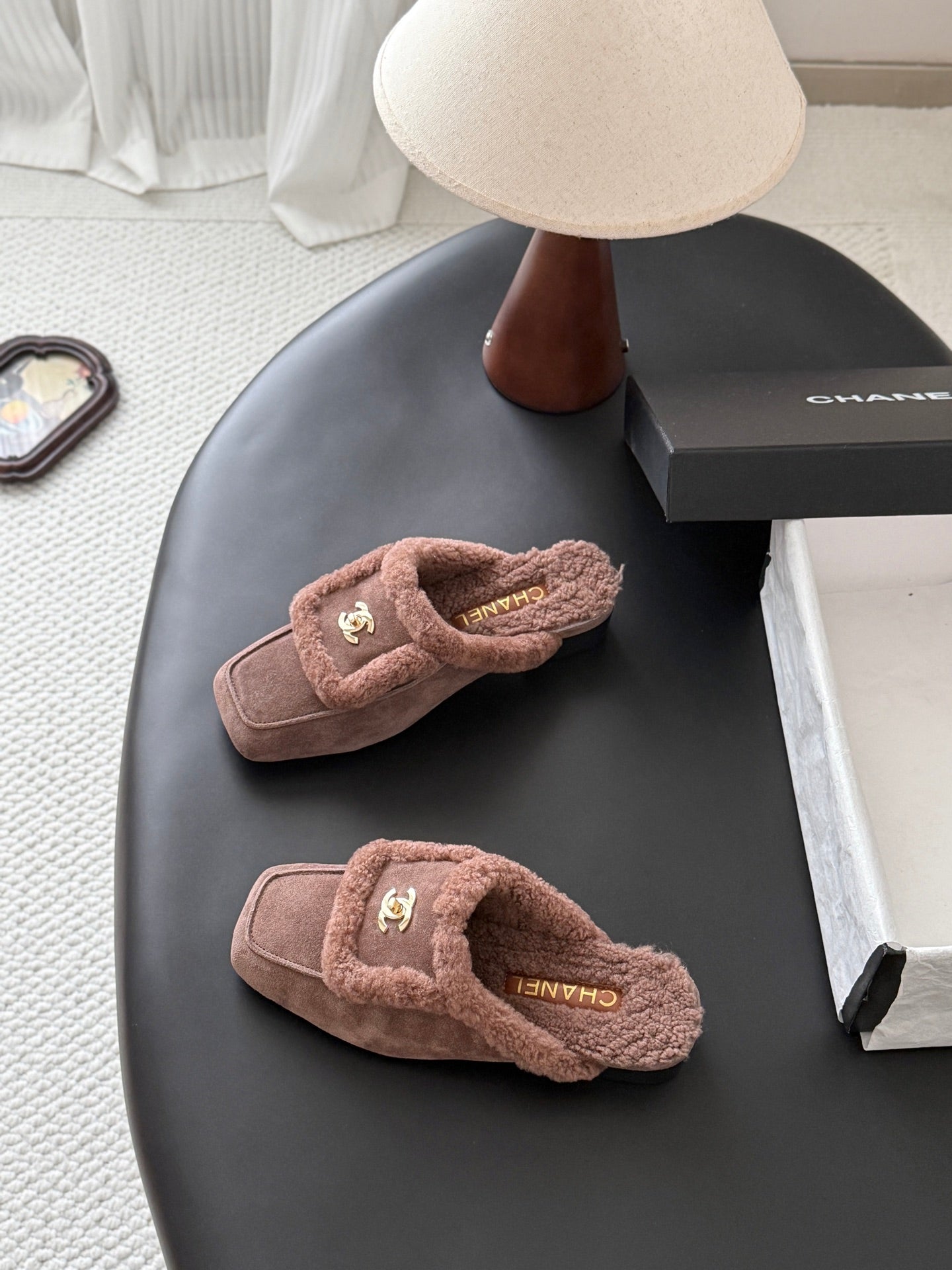 CHANEL 26S MULES IN TAUPE SHEARLING AND SUEDE