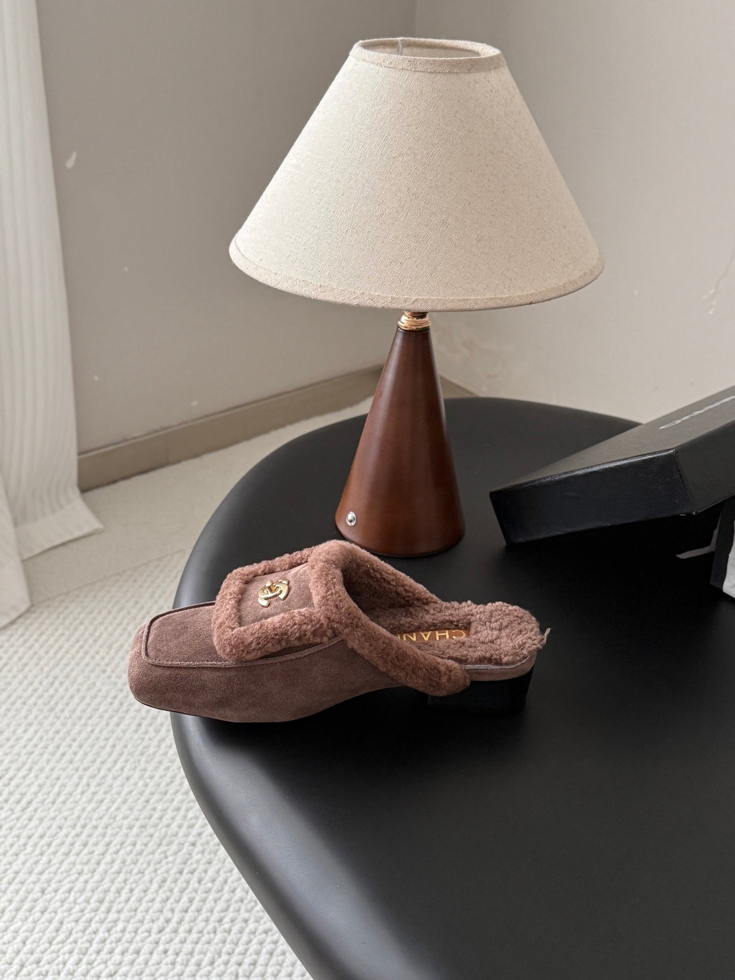 CHANEL 26S MULES IN TAUPE SHEARLING AND SUEDE
