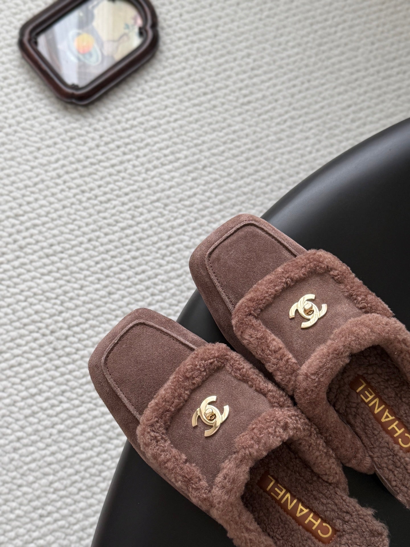 CHANEL 26S MULES IN TAUPE SHEARLING AND SUEDE