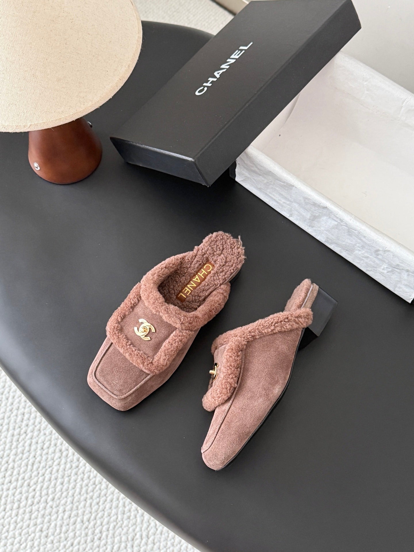 CHANEL 26S MULES IN TAUPE SHEARLING AND SUEDE