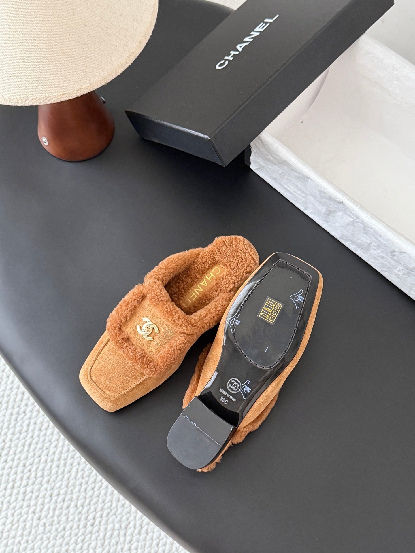 CHANEL 26S MULES IN BROWN SHEARLING AND SUEDE