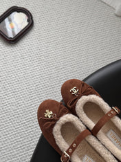 CHANEL 26S MARY JANE FLATS IN BROWN SUEDE AND SHEARLING
