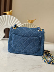 CHANEL 25S MINI FLAP BAG 18 IN BLUE DENIM WITH GOLD HARDWARE