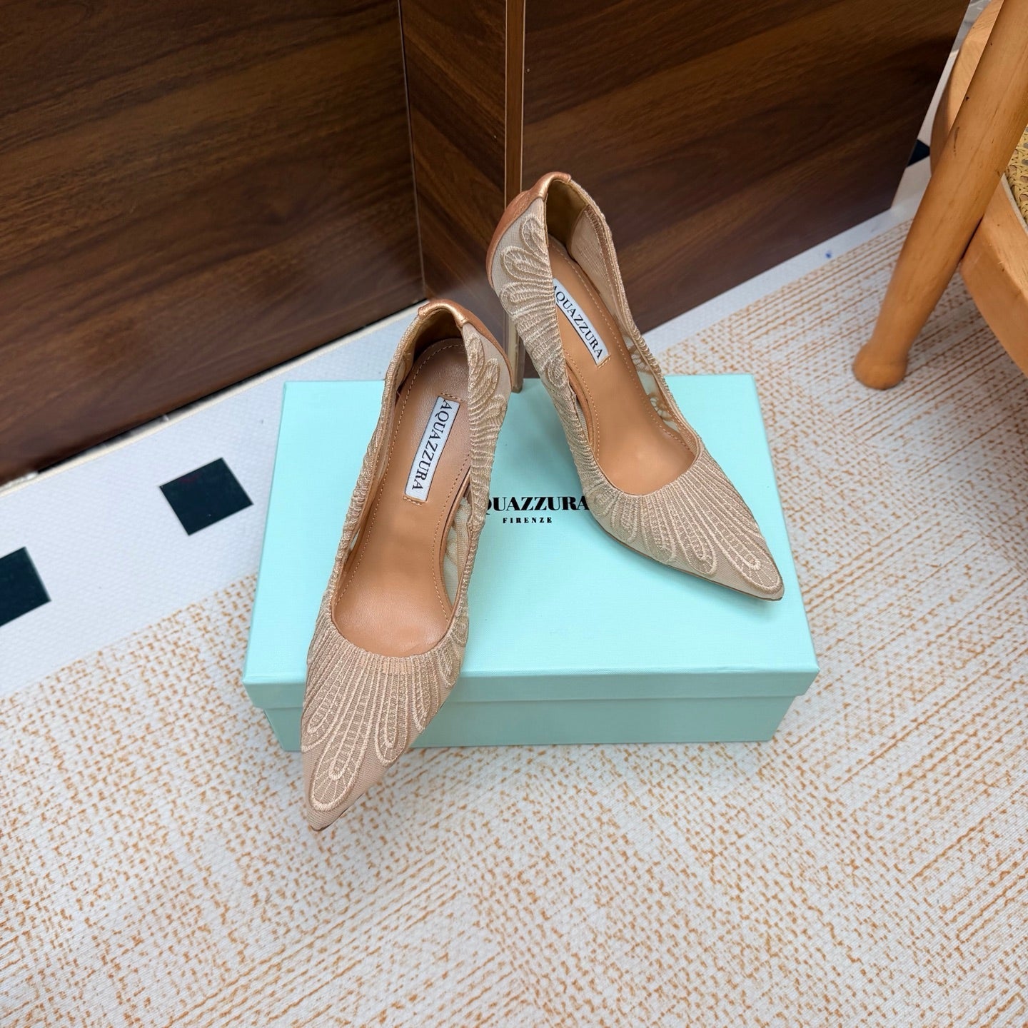 AQUAZZURA 26S HIGH HEELS 100 MM IN BEIGE FABRIC