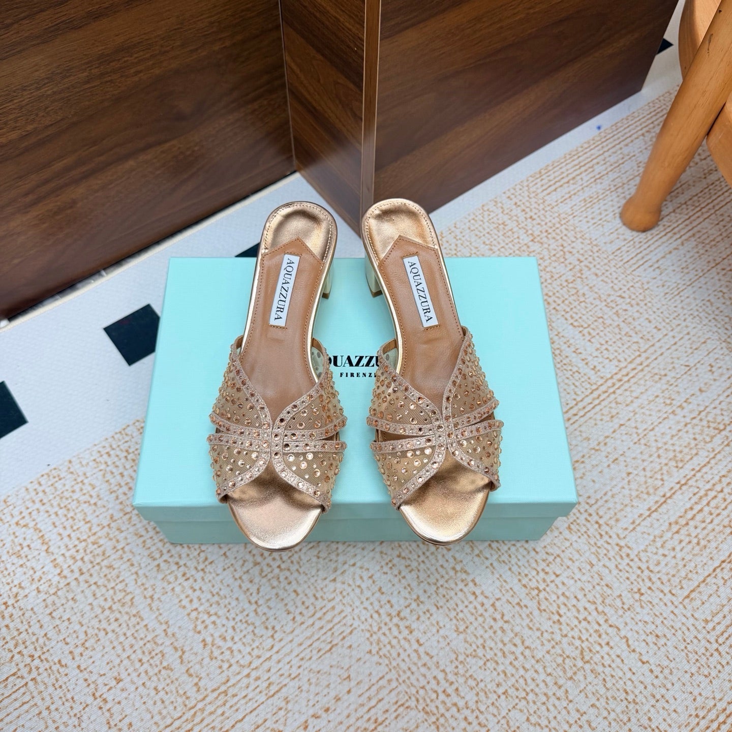 AQUAZZURA 26S CELESTE SANDALS 55 MM IN ROSE GOLD MESH & LEATHER