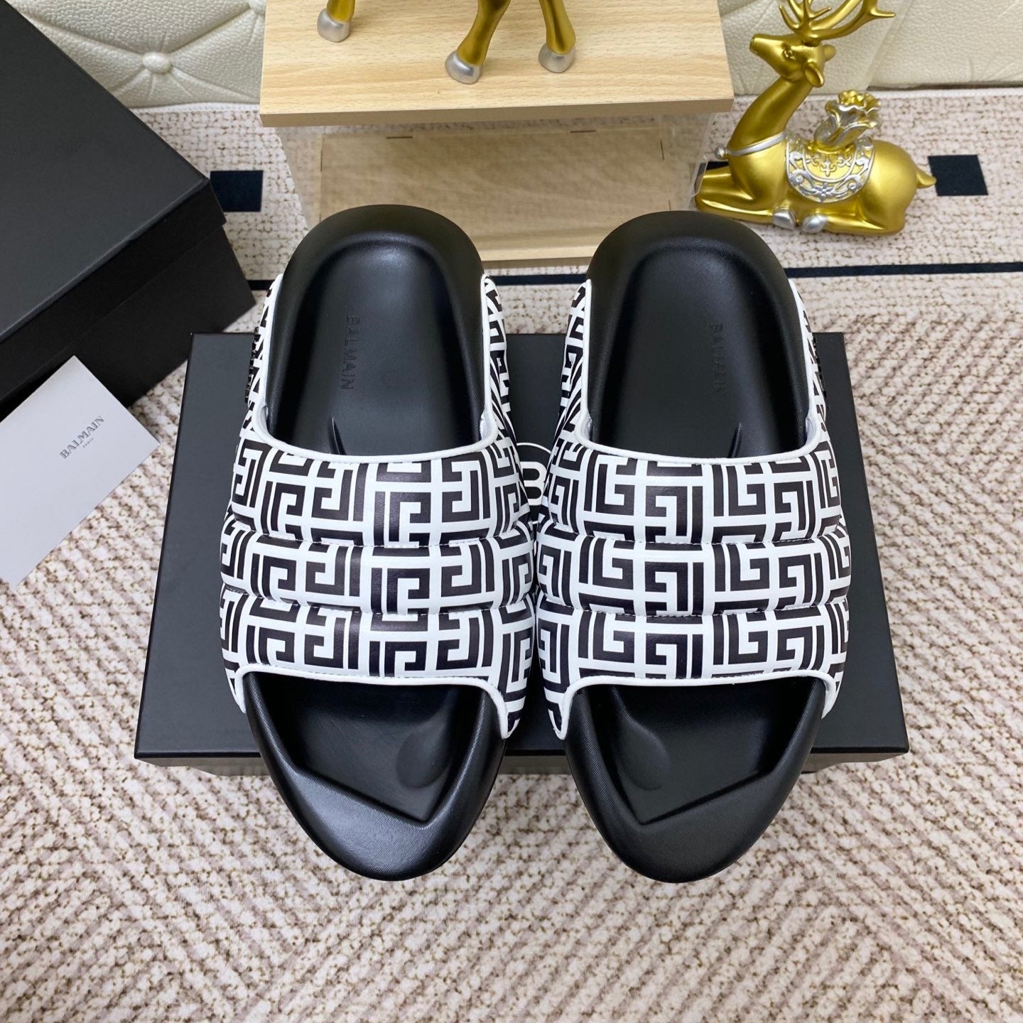 BALMAIN 25S BALMAIN MULES IN BLACK AND WHITE CALFSKIN