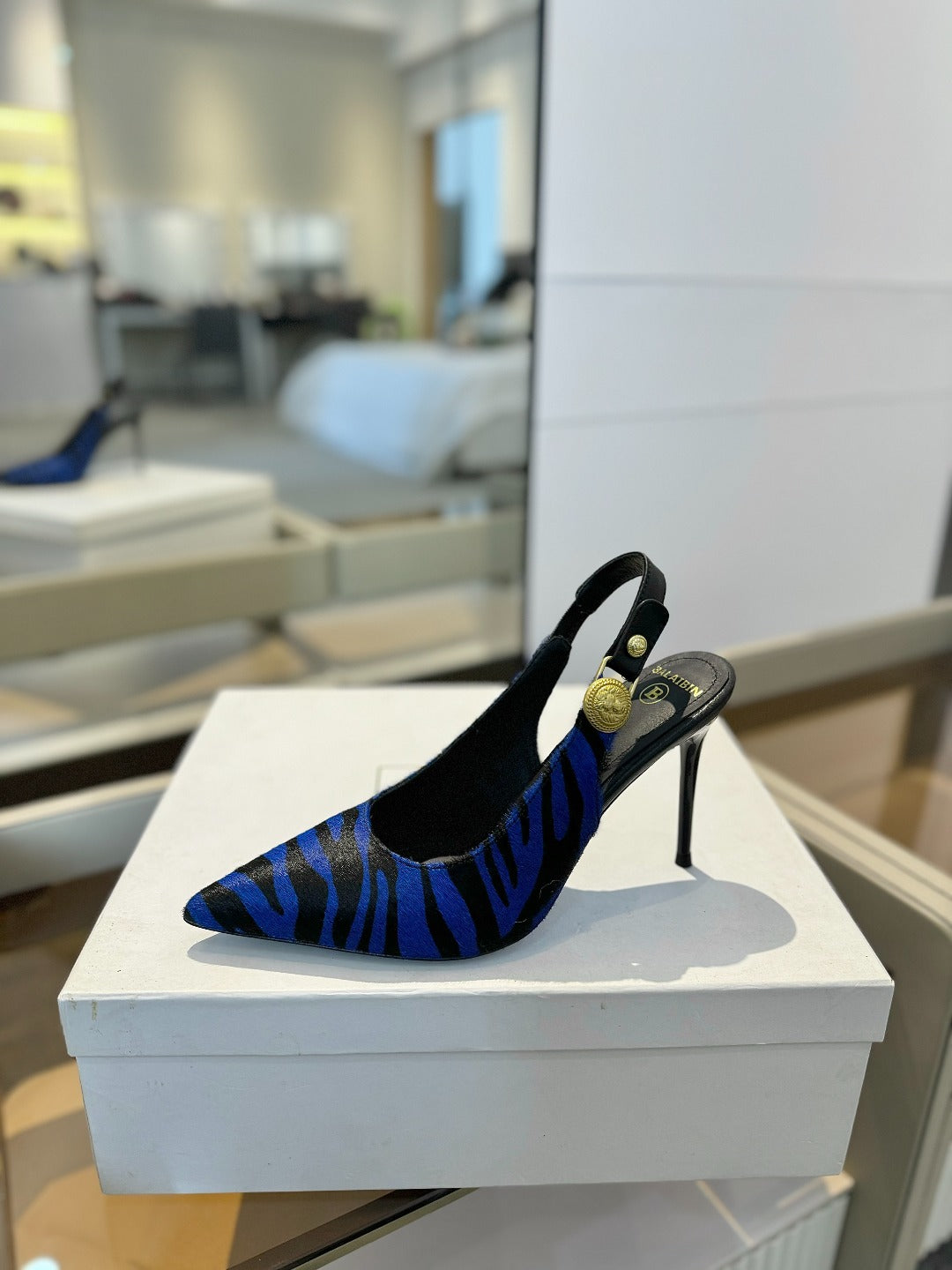 BALMAIN 25S SLINGBACK EVA 95MM IN BLUE AND BLACK ZEBRA PRINT CALFSKIN