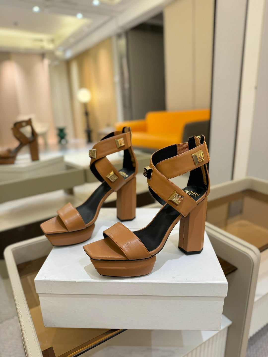 BALMAIN 25S WEDGE HEELS 105MM IN DARK BROWN CALFSKIN GOLD HARDWARE