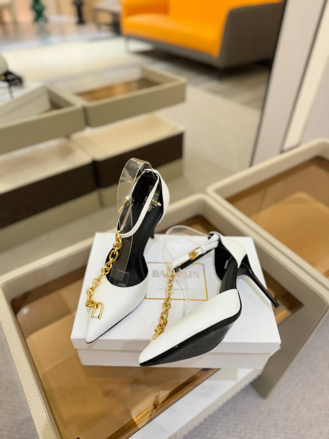 BALMAIN 25S SYNC STILETTOS WITH POINTED TOE 95MM IN WHITE CALFSKIN