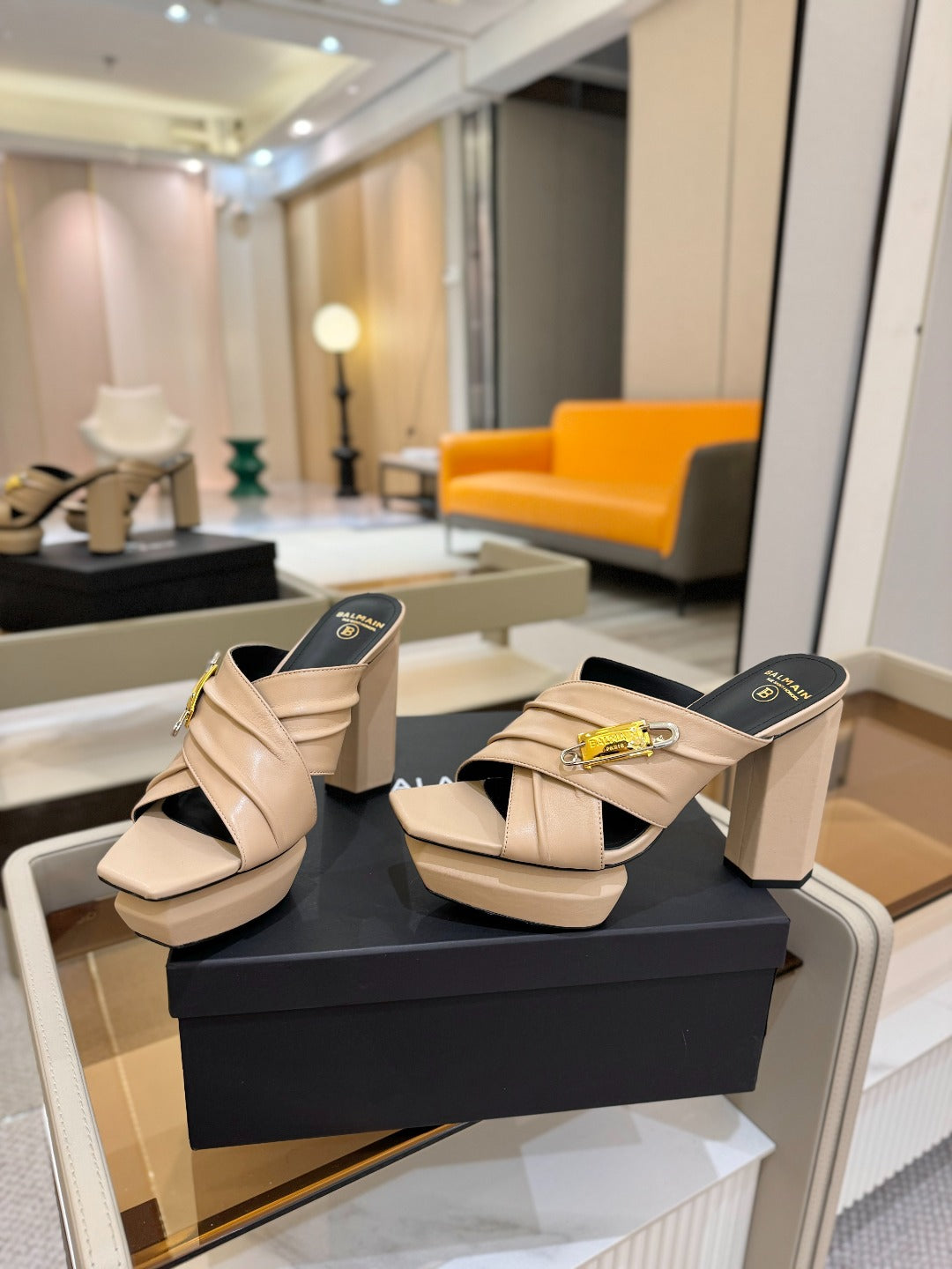 BALMAIN 25S WEDGE HEEL SANDALS 100MM IN NUDE CALFSKIN