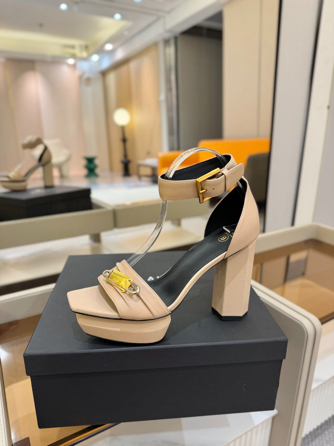 BALMAIN 25S WEDGE HEELS 100MM IN NUDE CALFSKIN