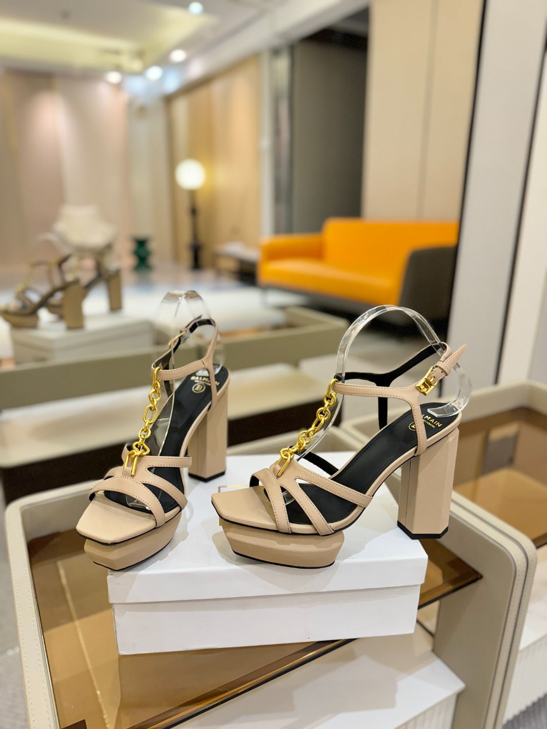 BALMAIN 26S HEELED SANDALS 105 MM IN BEIGE LAMBSKIN