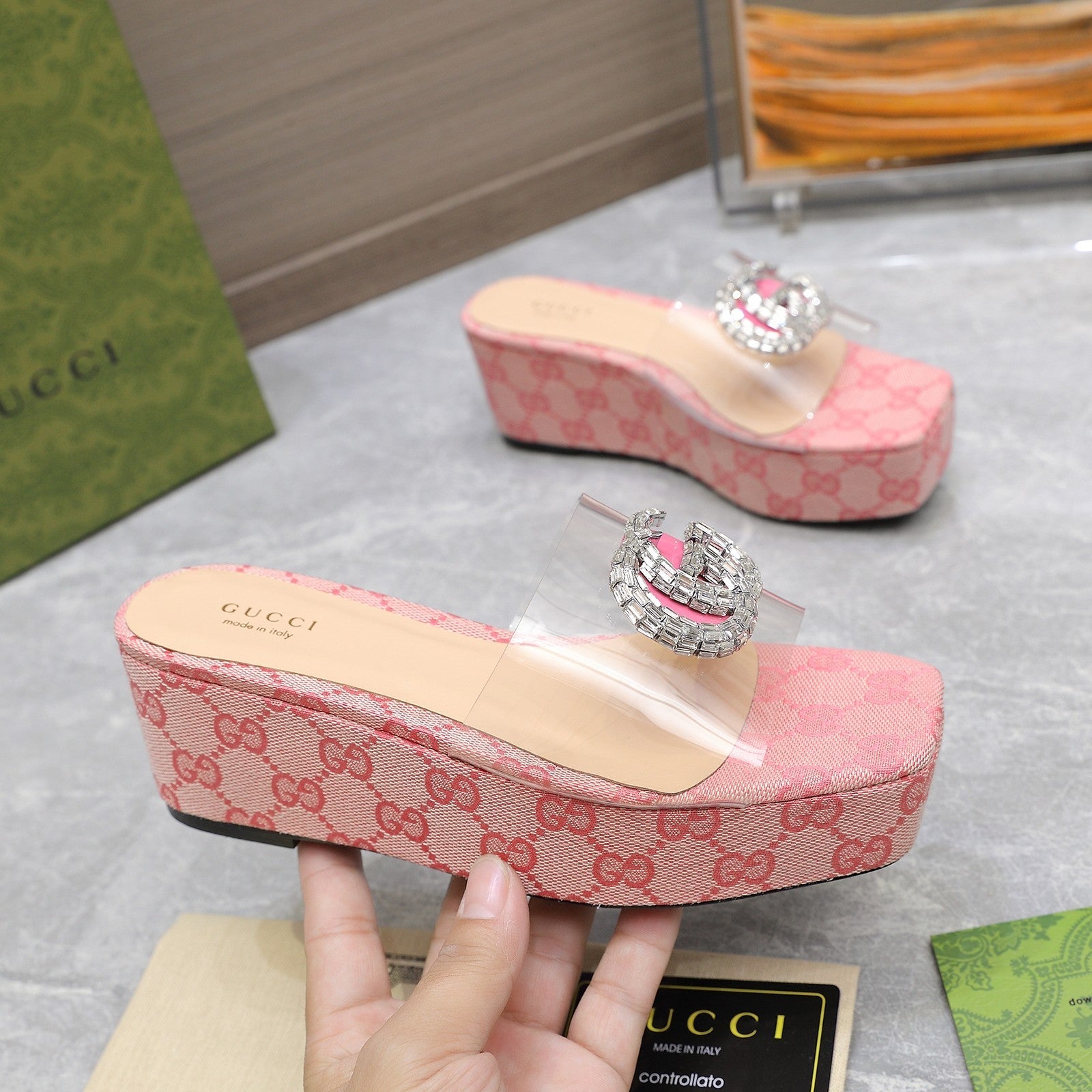 HIGH WEDGE PLATFORM IN LIGHT PINK CANVAS WITH DOUBLE CRYSTAL G BUCKLE