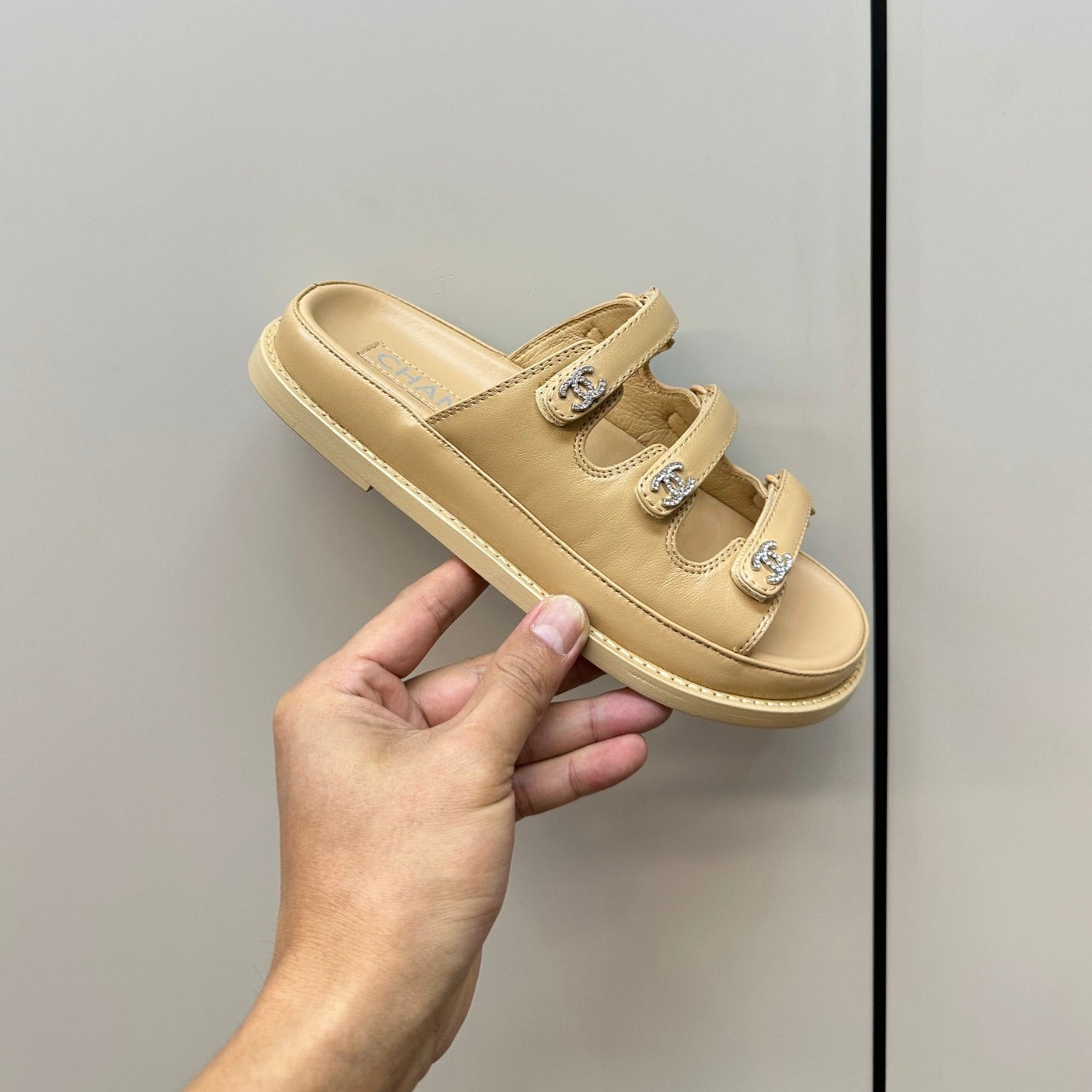 dad sandals cream 3 rows lambskin mules