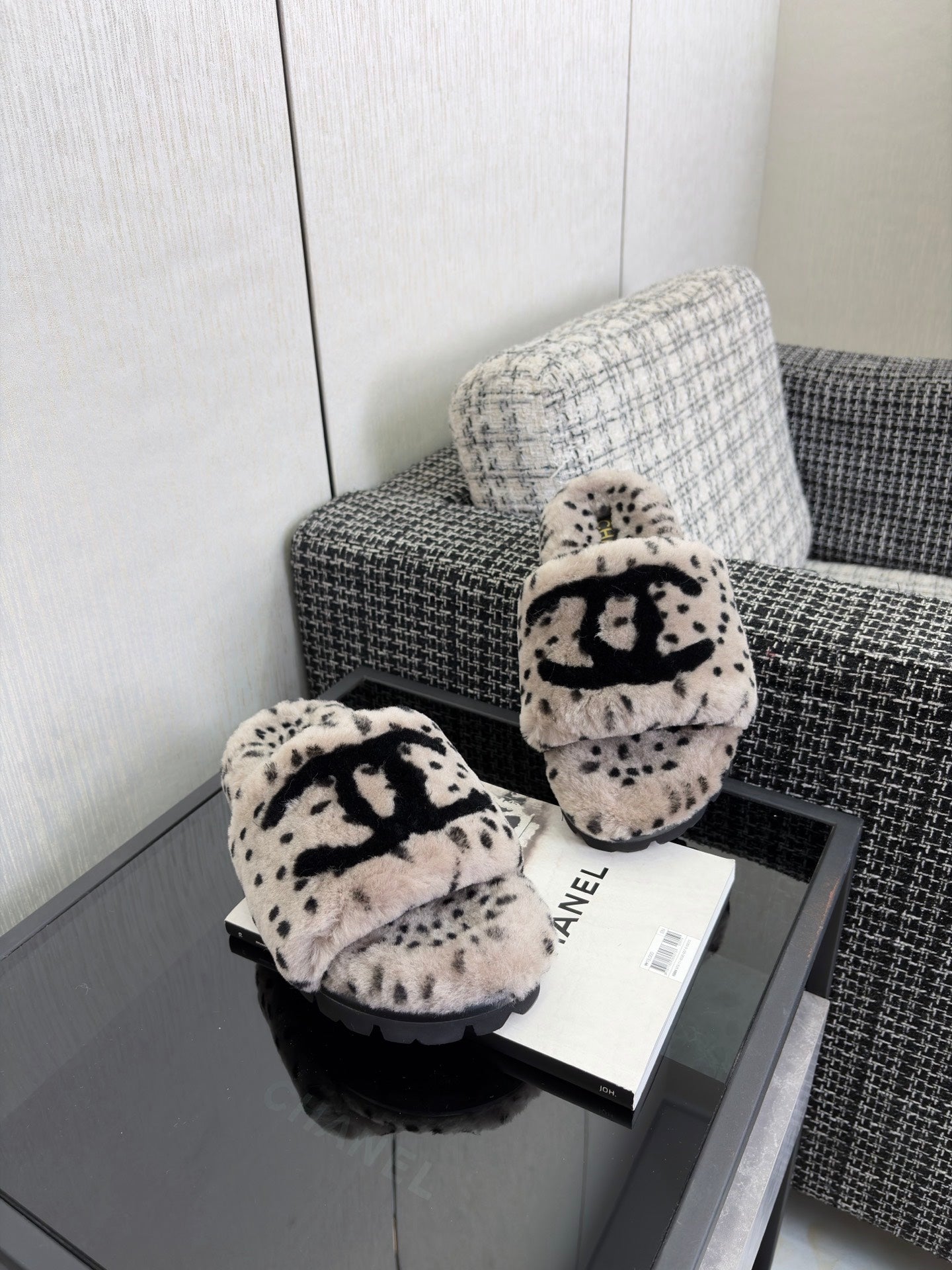 CHANEL 26S PLATFORM SLIDE SANDALS IN GRAY AND BLACK SHEARLING DALMATIAN PRINT