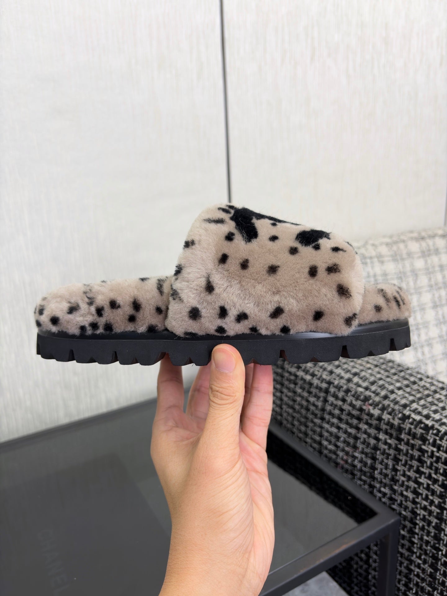 CHANEL 26S PLATFORM SLIDE SANDALS IN GRAY AND BLACK SHEARLING DALMATIAN PRINT
