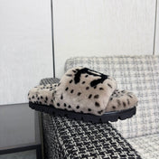 CHANEL 26S PLATFORM SLIDE SANDALS IN GRAY AND BLACK SHEARLING DALMATIAN PRINT