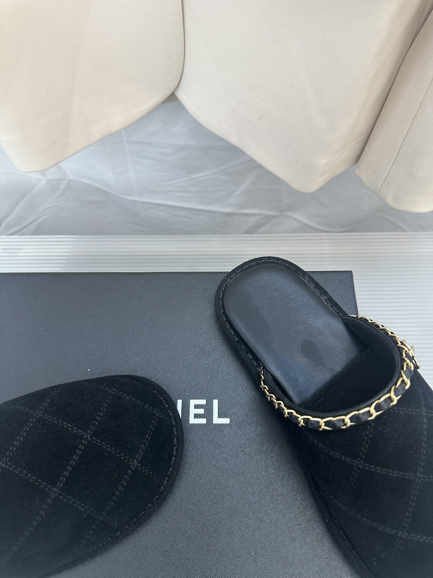 CC Black Suede Gold Chain Mules