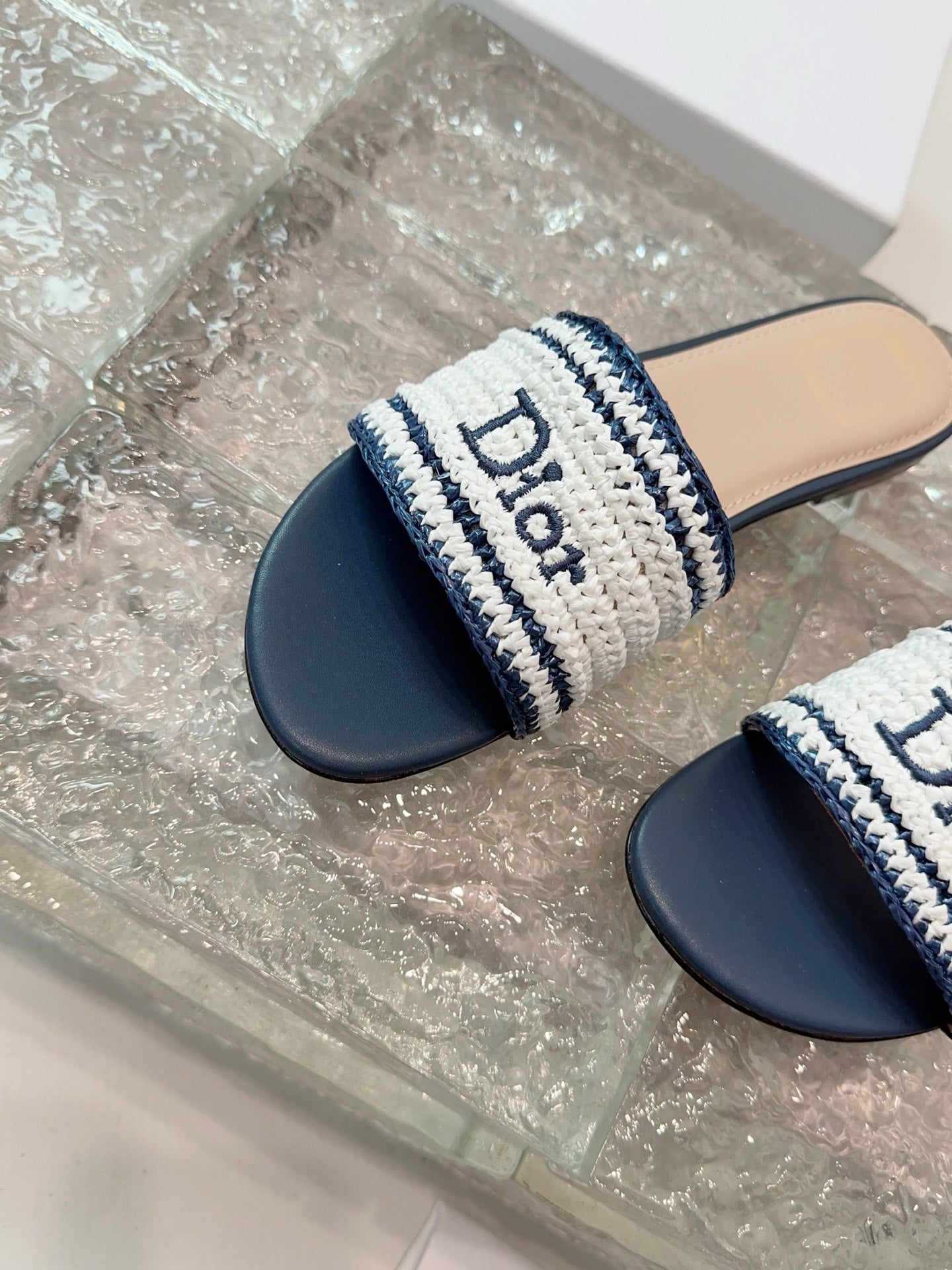 DIOR 26S WOVEN-STRAP SANDALS IN WHITE AND NAVY BLUE CALFSKIN