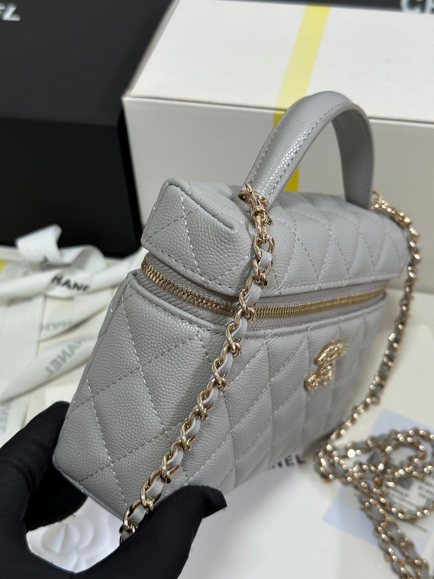 STRASS VANITY QUILTED CASE 19 IN GREY CALFSKIN WITH GOLD METALLIC