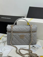 STRASS VANITY QUILTED CASE 19 IN GREY CALFSKIN WITH GOLD METALLIC