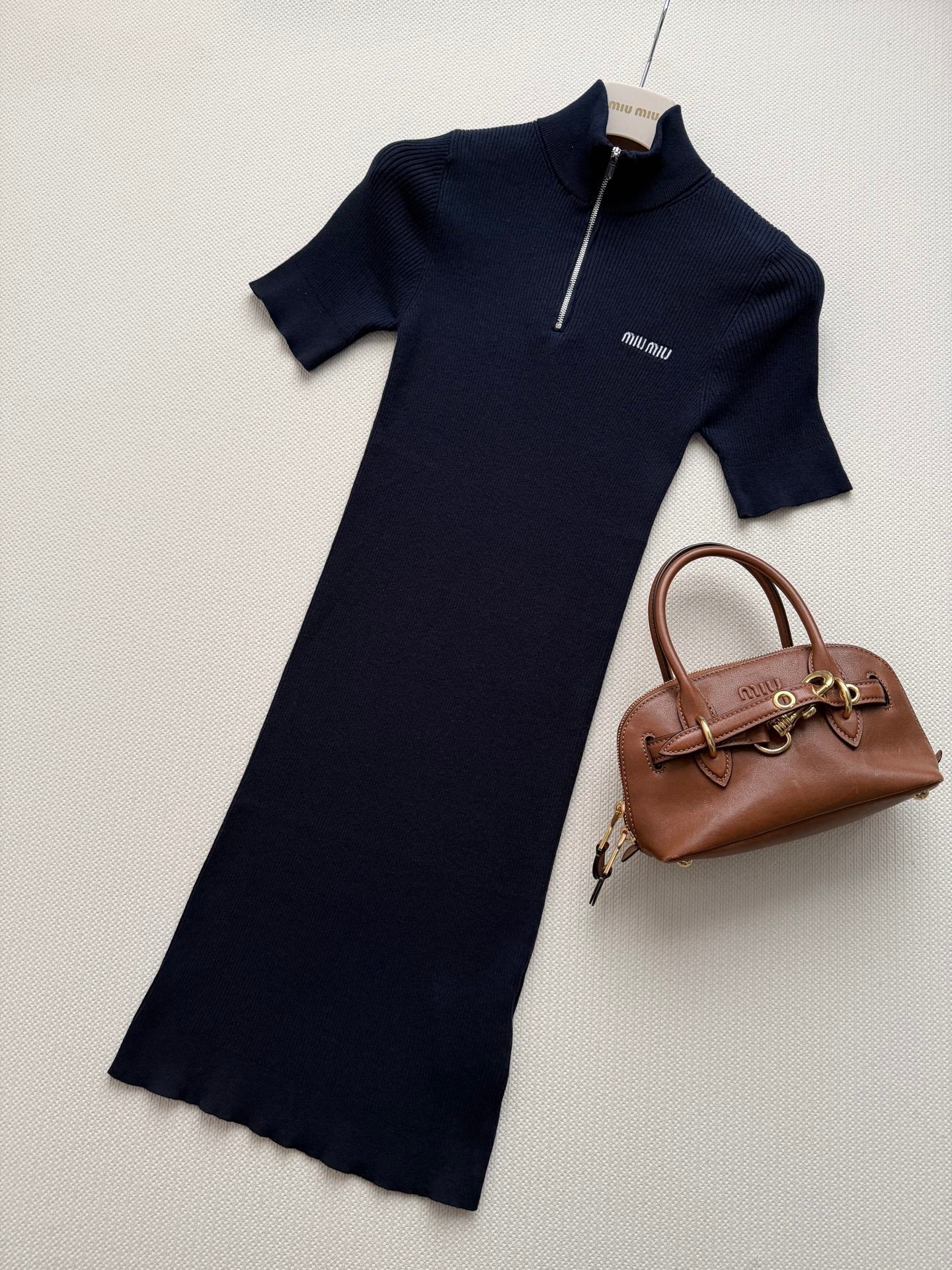 MIUMIU 26S HALF-ZIP RIBBED KNIT DRESS 1544
