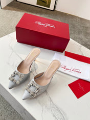 EFFLORESCENCE MULES IN SILVER SATIN EMBELLISHED GLITTER