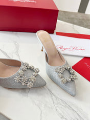 EFFLORESCENCE MULES IN SILVER SATIN EMBELLISHED GLITTER